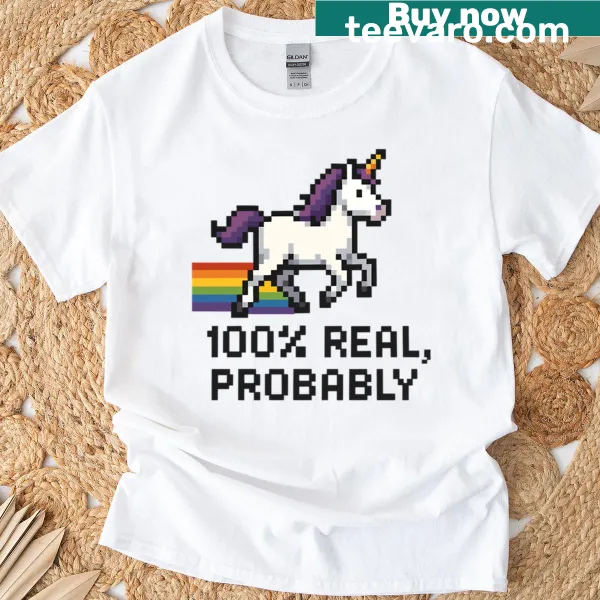 Pixelated unicorn shirt with a rainbow trail design