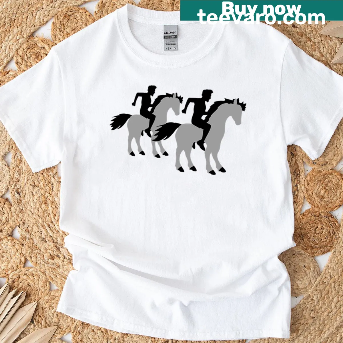 Illustrative T-shirt of two horse riders racing — on a men's t-shirt