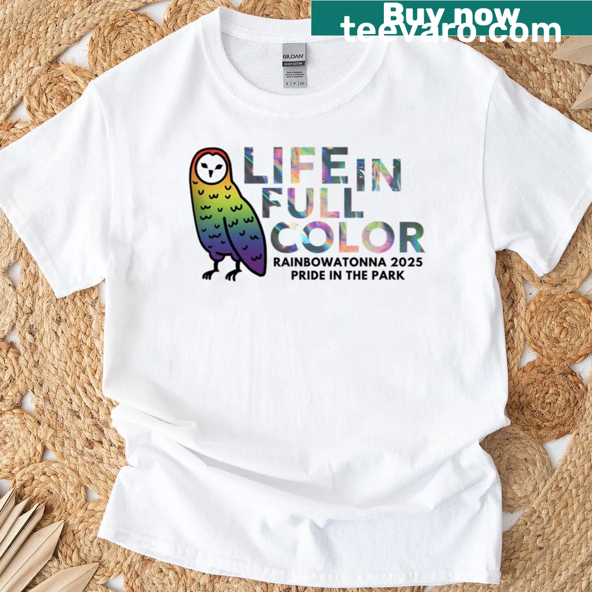 Rainbowatonna Pride In The Park graphic t-shirt — on a men's t-shirt