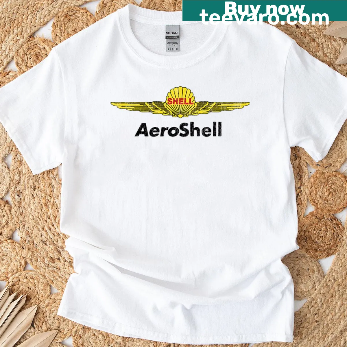 Vintage Aero Shell logo on a distressed t-shirt — on a men's t-shirt