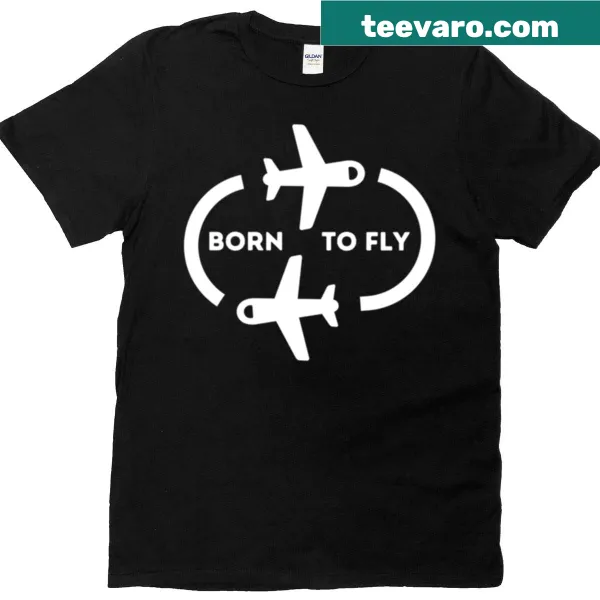 Whimsical airplane illustration with 'Born To Fly' text on a t-shirt