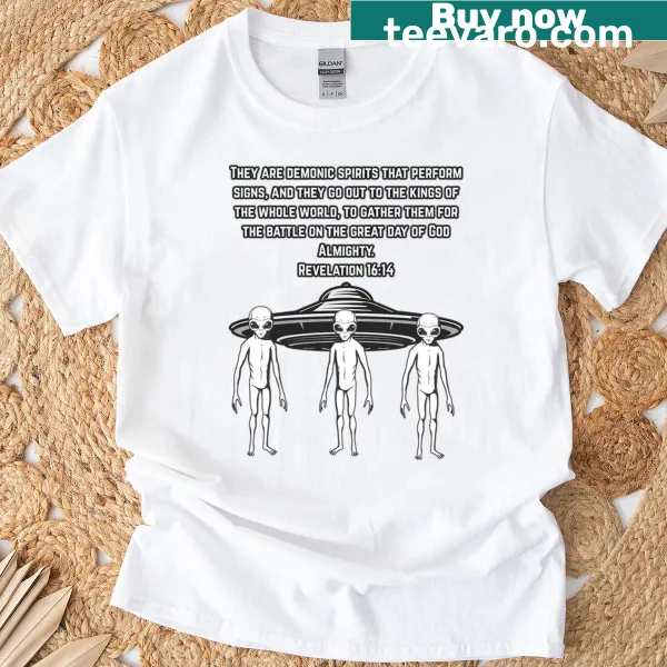 Typography design linking UFOs to biblical scripture on a t-shirt