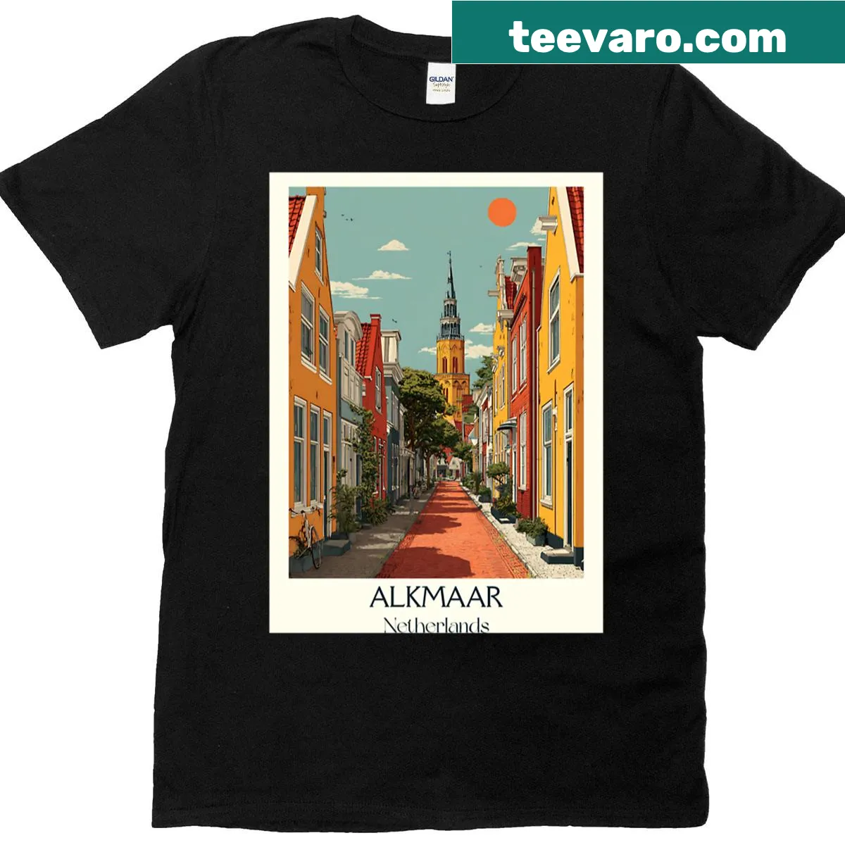 Vintage travel poster style t-shirt featuring Alkmaar cheese city design — on a men's t-shirt