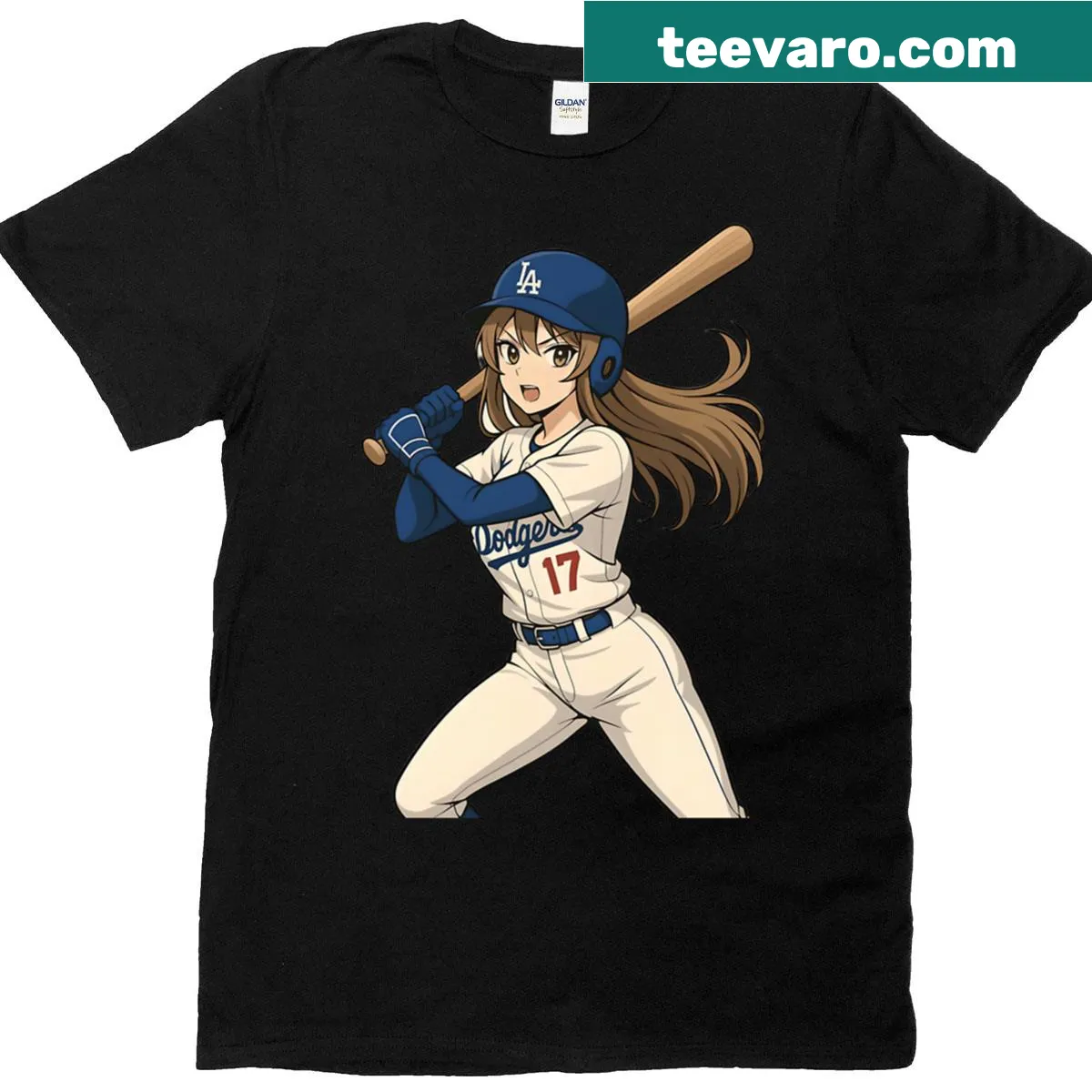 Anime-style girl swinging a baseball bat on a t-shirt — on a men's t-shirt
