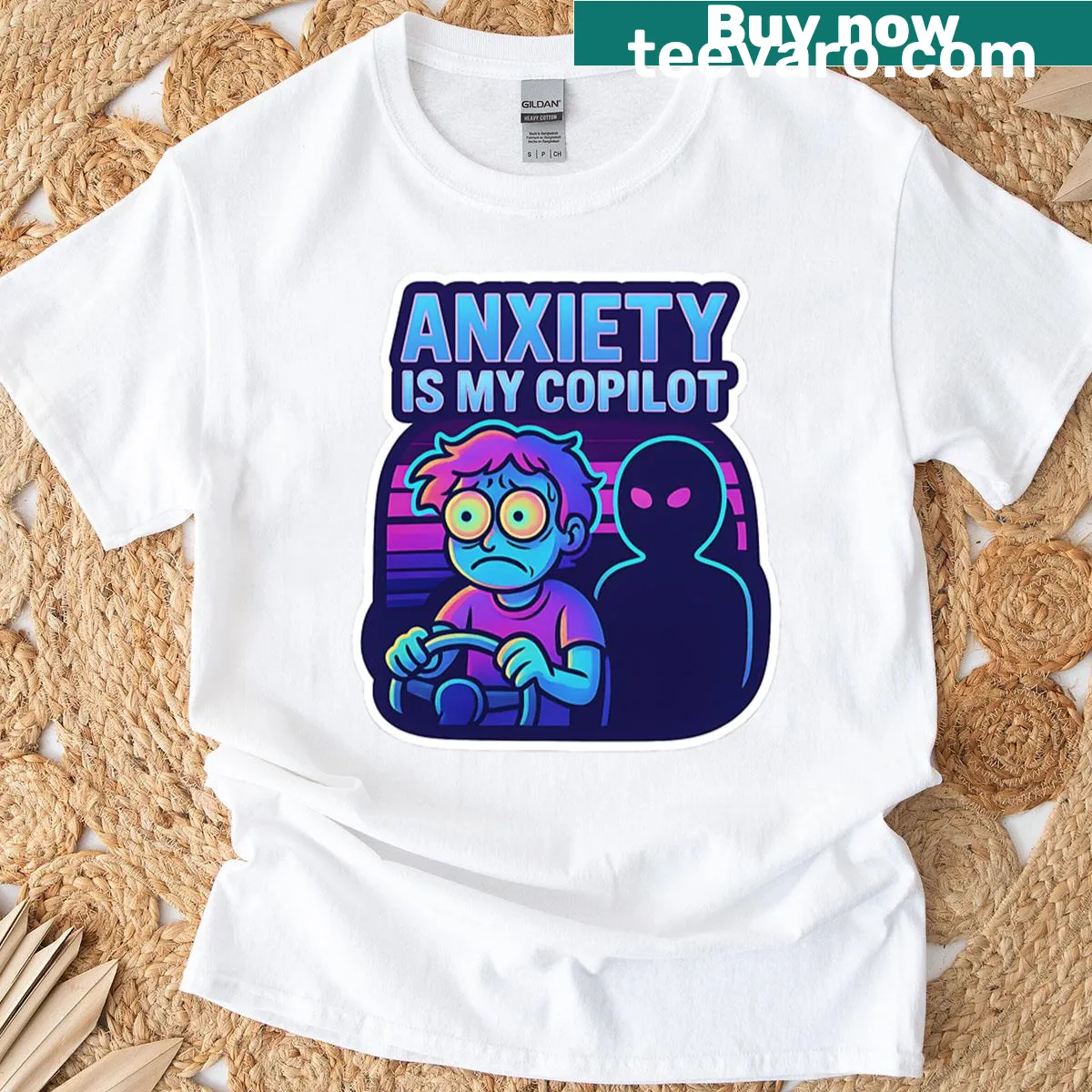 T-shirt with text 'Anxiety Is My Copilot' in bold typography — on a men's t-shirt