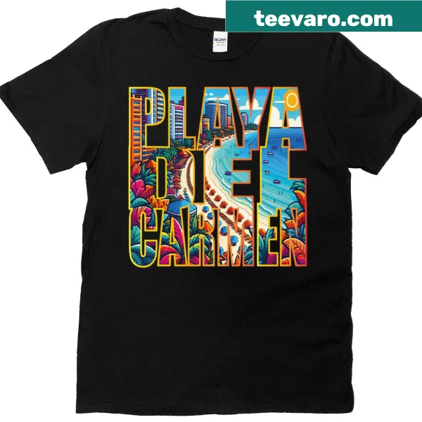 Retro Playa Del Carmen travel-themed t-shirt with tropical graphics