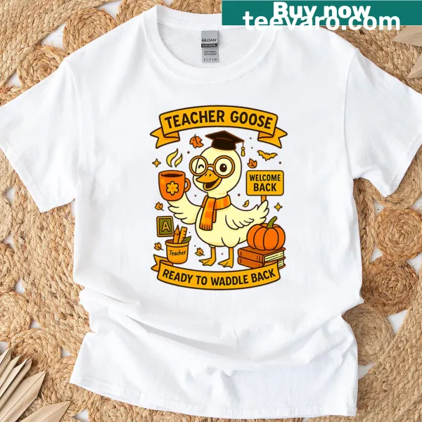 Illustration of goose with pumpkins on Back To School T-shirt
