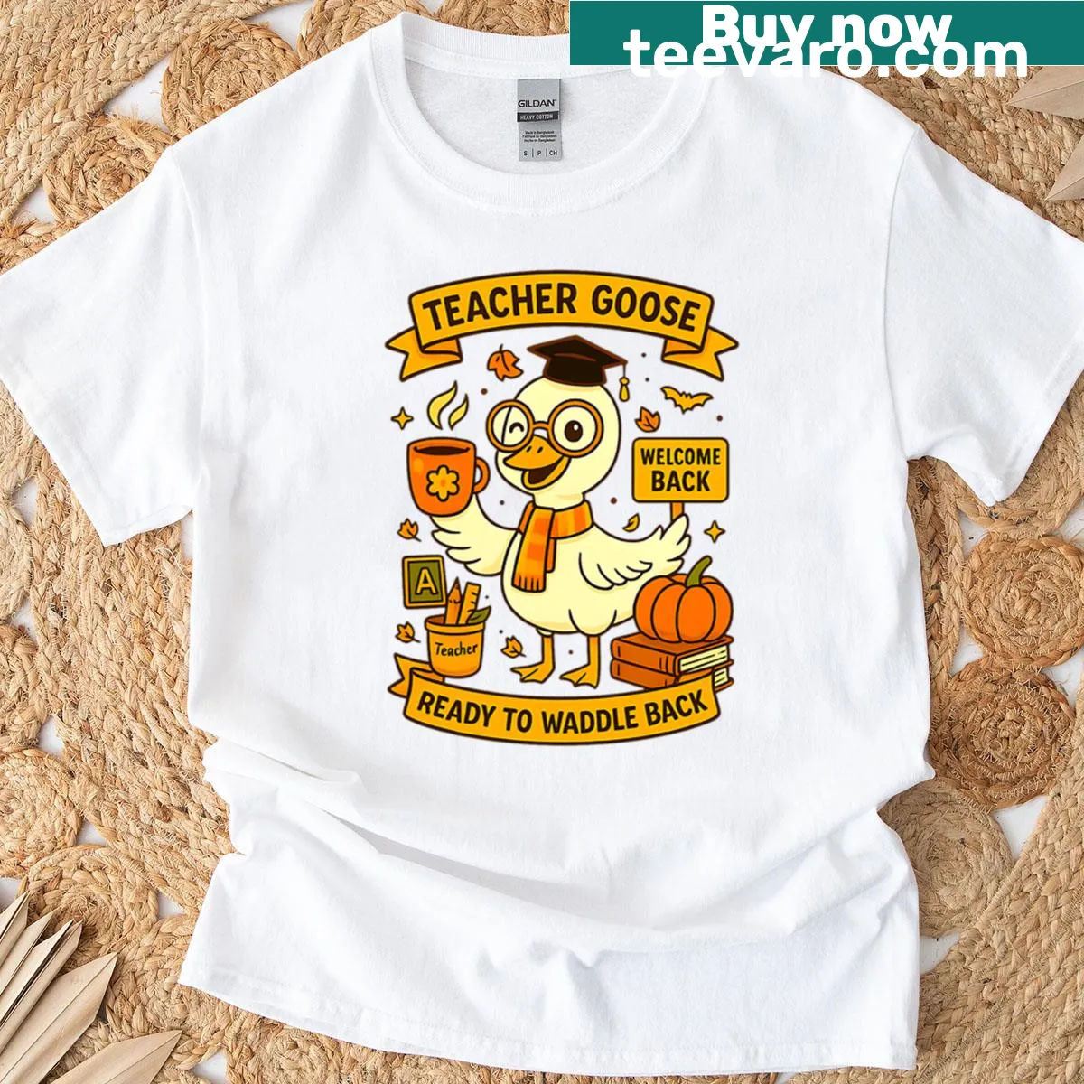 Illustration of goose with pumpkins on Back To School T-shirt — on a men's t-shirt
