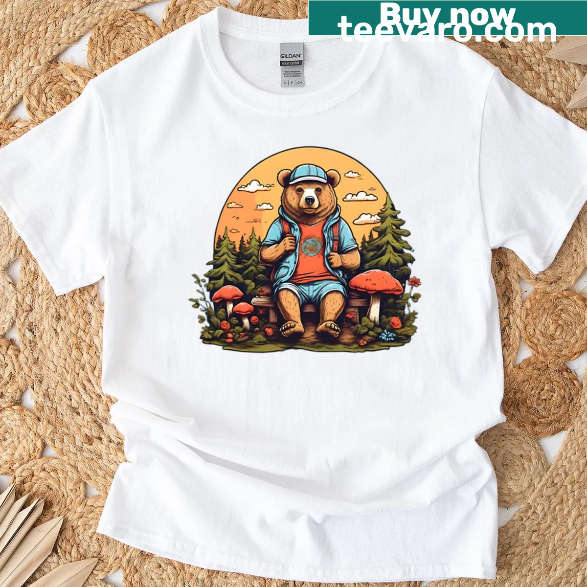 Whimsical illustration of a bear picking mushrooms on a t-shirt — on a men's t-shirt