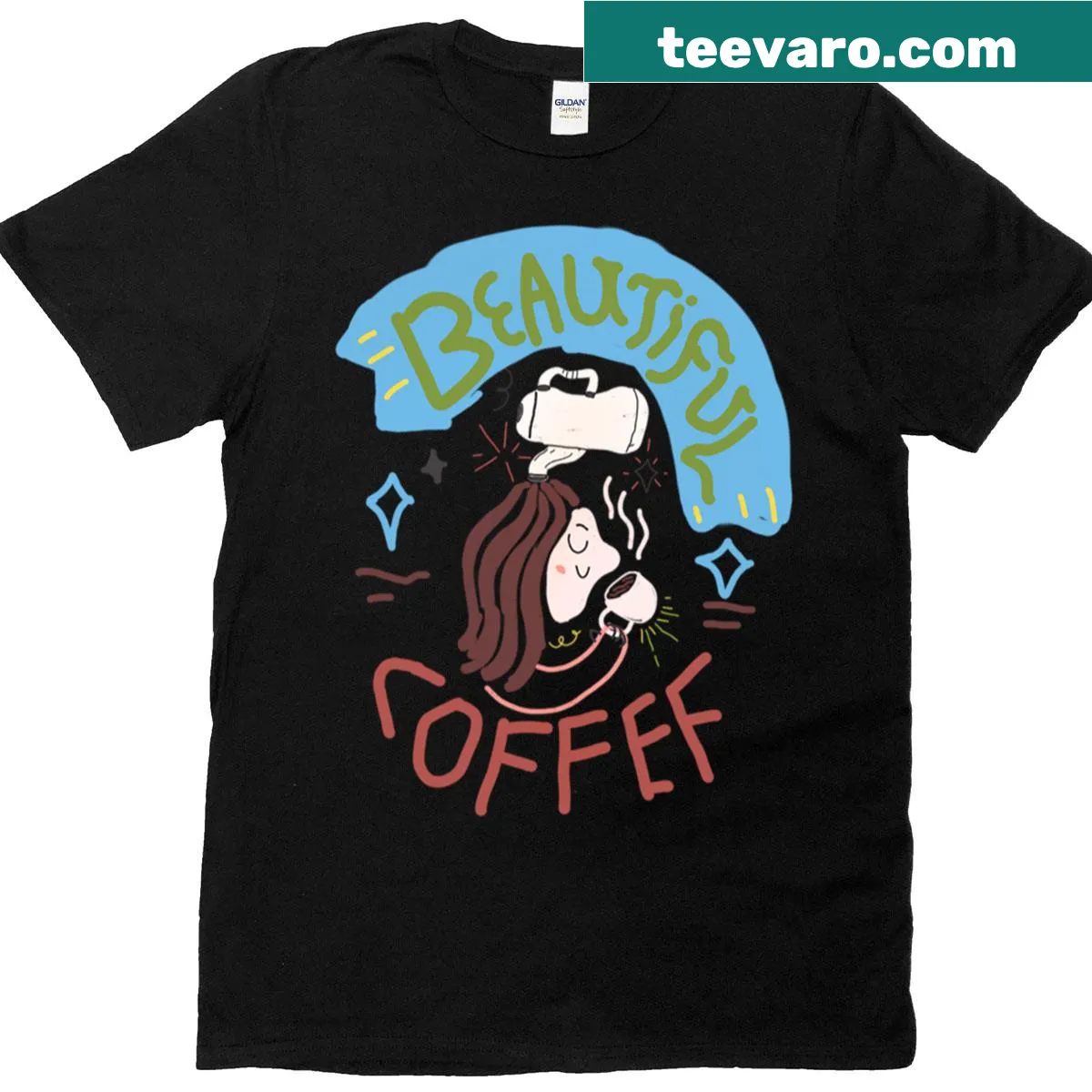 Whimsical graphic t-shirt featuring a beautiful coffee cup design — on a men's t-shirt