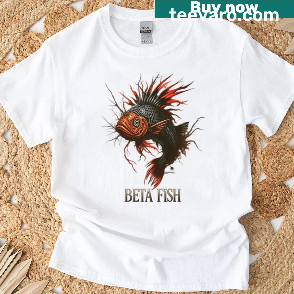 Illustration of a beta fish on a t-shirt celebrating aquatic life — on a men's t-shirt
