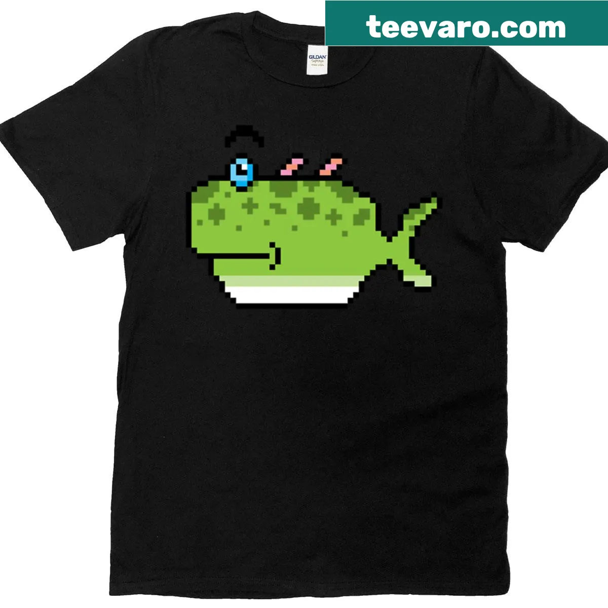 Pixelated fish graphic on a T-shirt — on a men's t-shirt