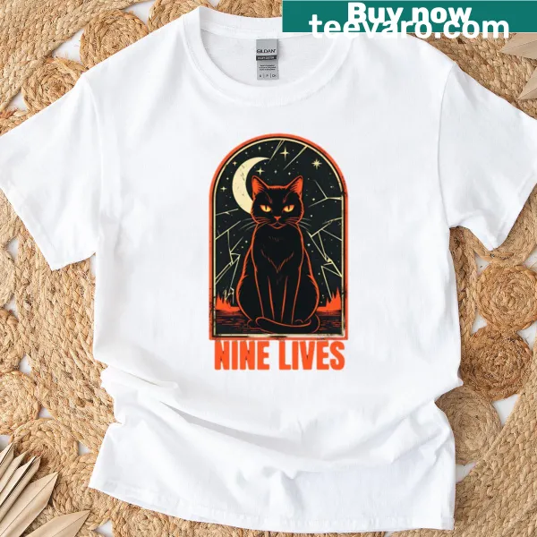 Cute black cat illustration on a t-shirt referencing nine lives