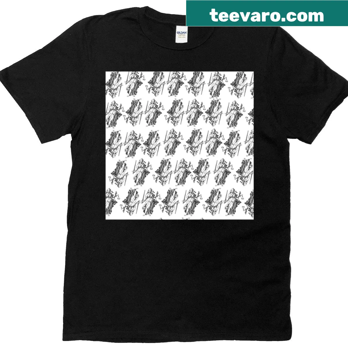 Line-art illustration of Lady Justice on a T-shirt — on a men's t-shirt