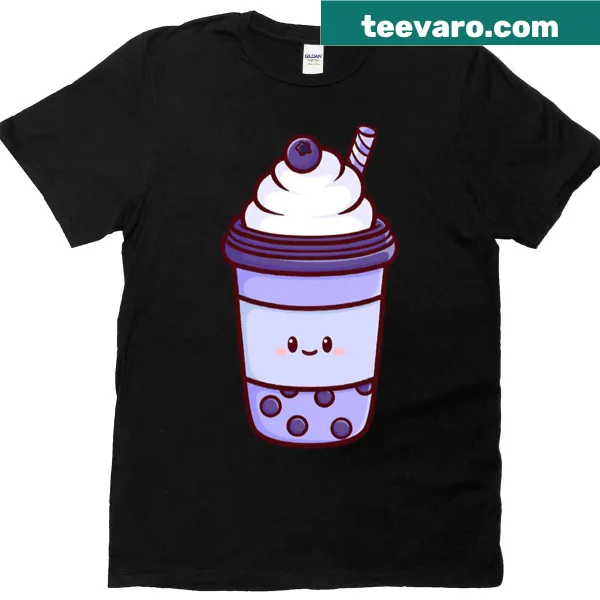 Kawaii blue boba drink T-shirt with smiling cartoon design
