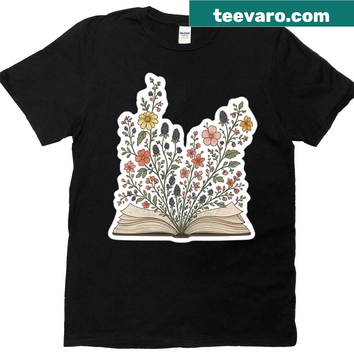 T-shirt featuring a magical book surrounded by blooming plants — on a men's t-shirt