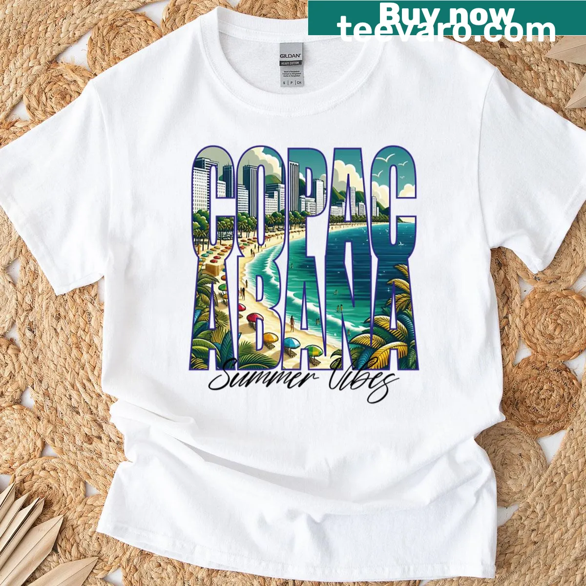 Coastal graphic t-shirt featuring Copacabana beach vibes — on a men's t-shirt