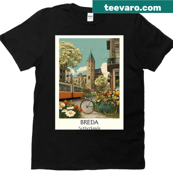 Vintage-style t-shirt featuring a charming scene from Breda, Netherlands
