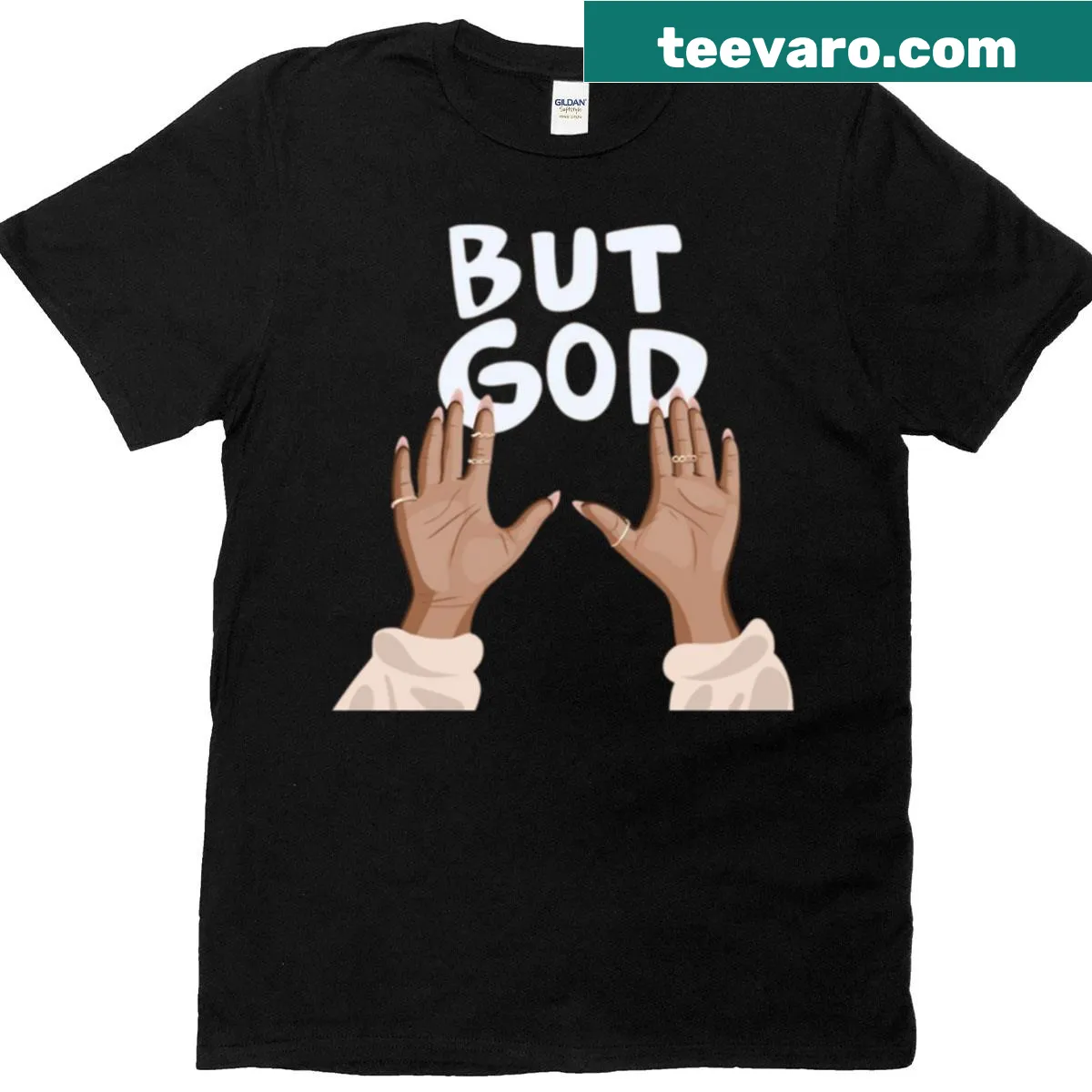 Bold typography t-shirt displaying the phrase 'But God' — on a men's t-shirt