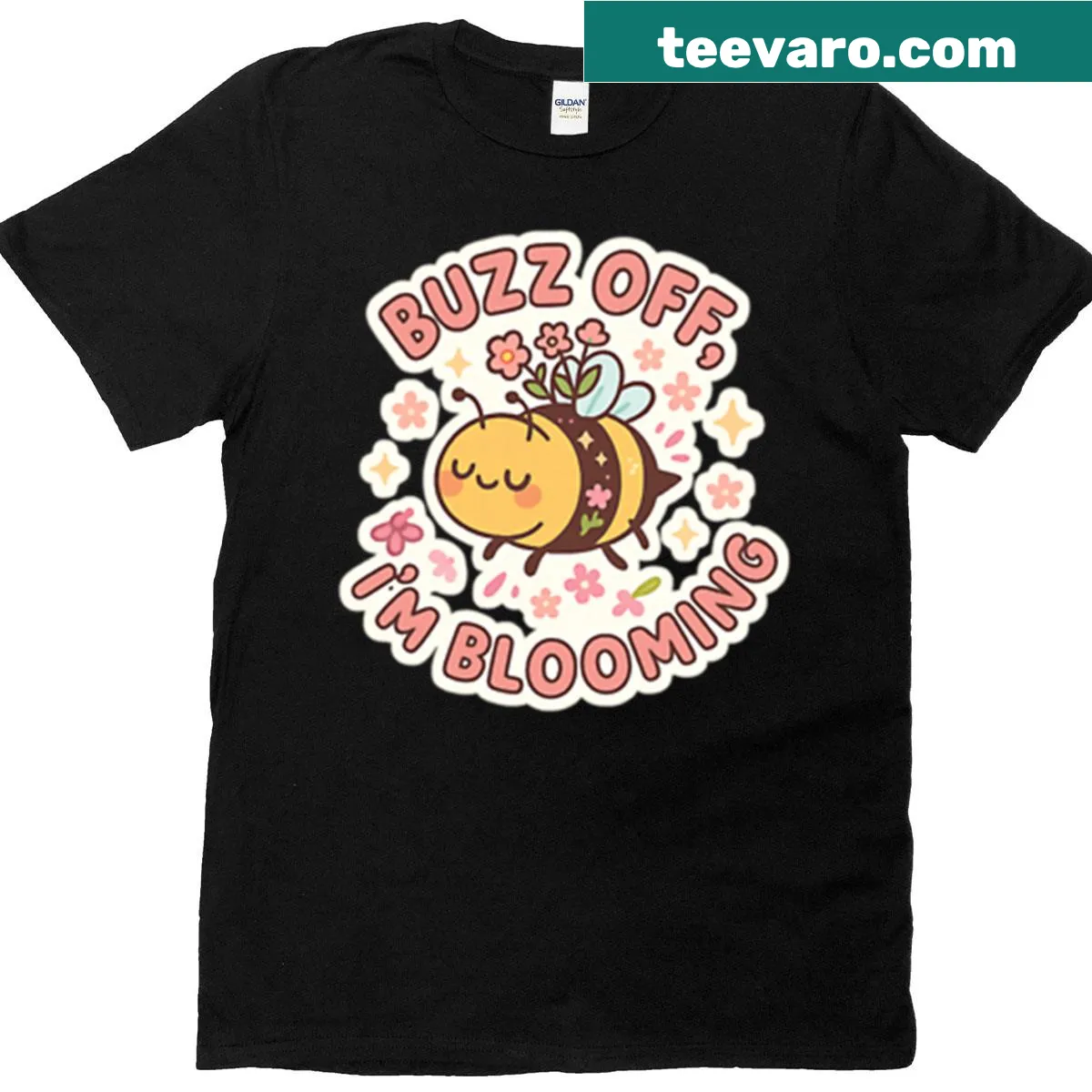 Cute t-shirt featuring a bee and flowers with the phrase 'Buzz Off Im Blooming' — on a men's t-shirt