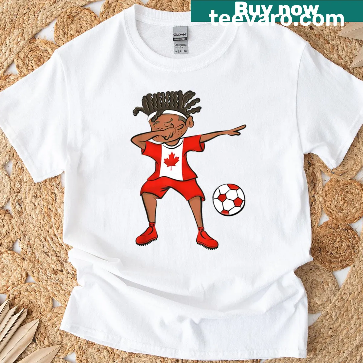 Cartoon of a kid dabbing in a soccer celebration — on a men's t-shirt