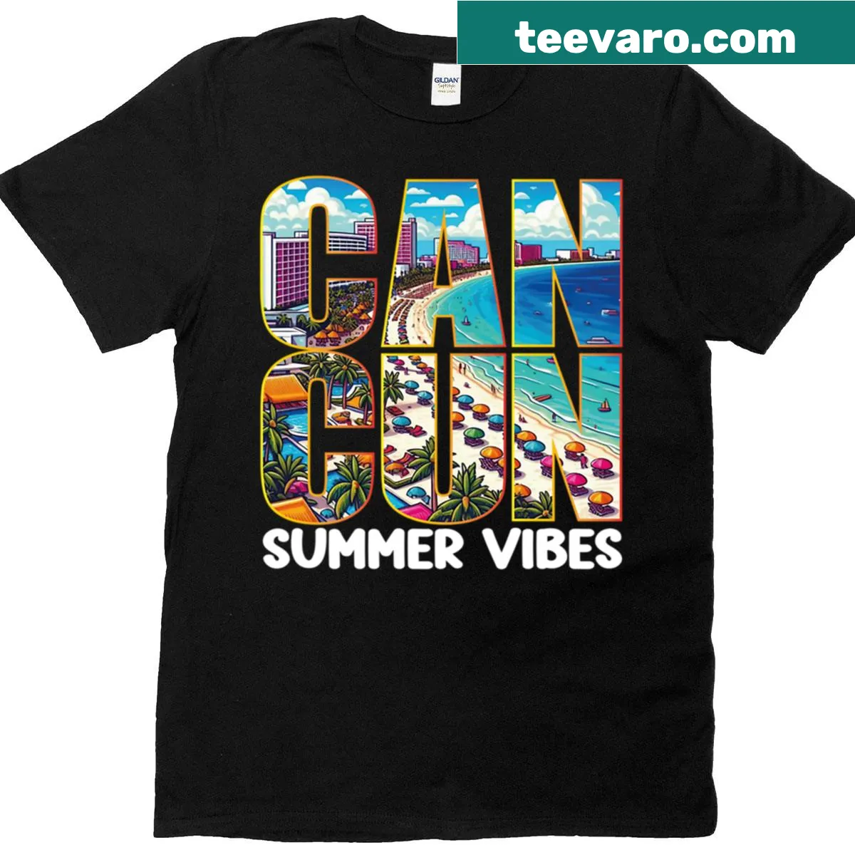 Graphic tee capturing Cancun beach vacation vibes with playful design — on a men's t-shirt
