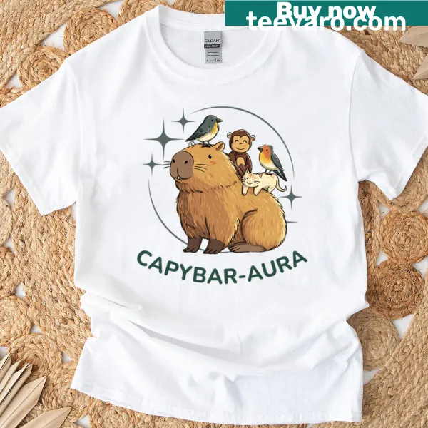Illustration of a capybara with other animals on a T-shirt