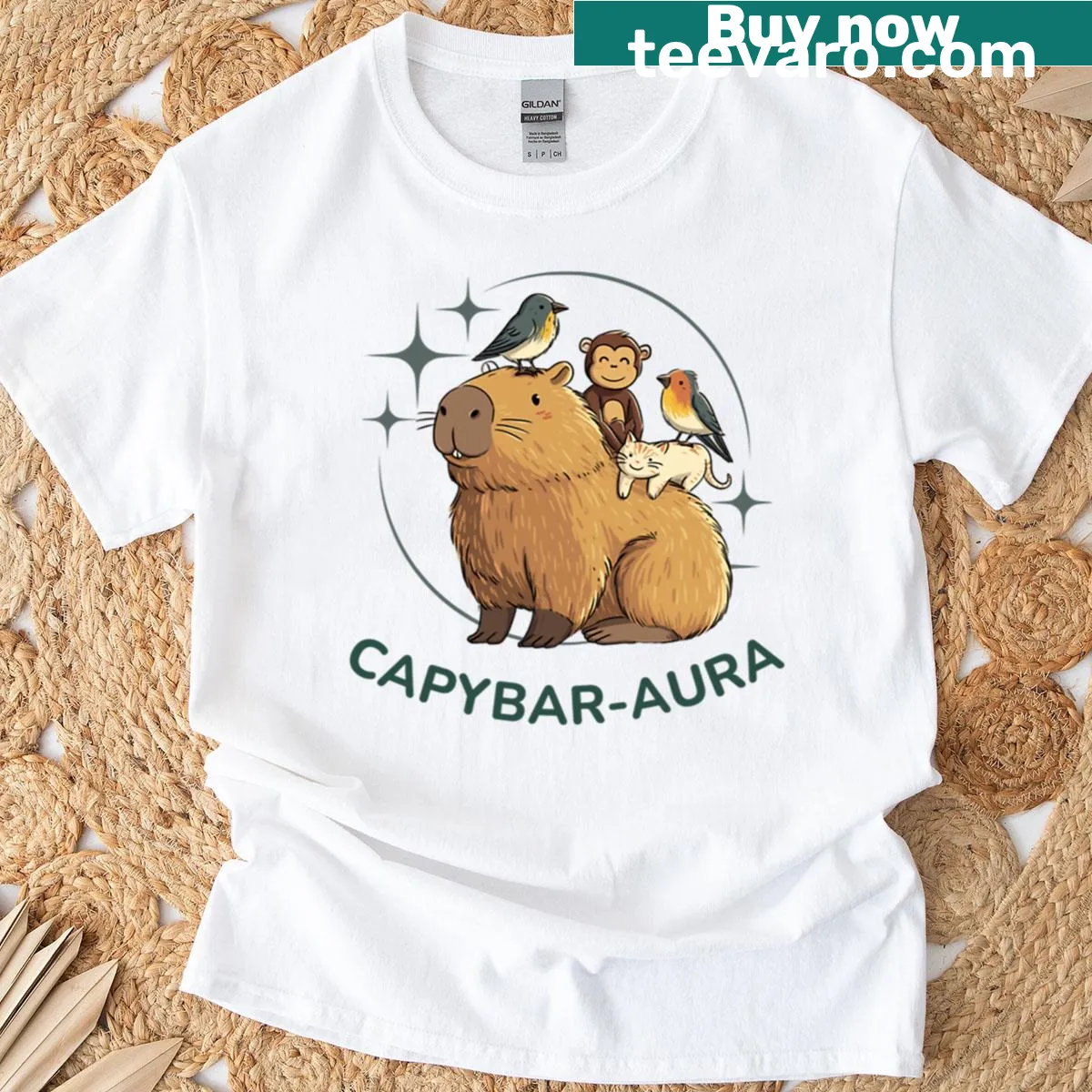 Illustration of a capybara with other animals on a T-shirt — on a men's t-shirt