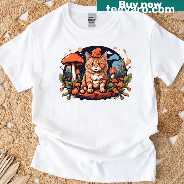 Whimsical T-shirt featuring a cat sitting on a mushroom