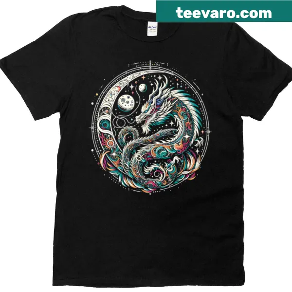 Illustrated T-shirt featuring a celestial dragon in a cosmic setting