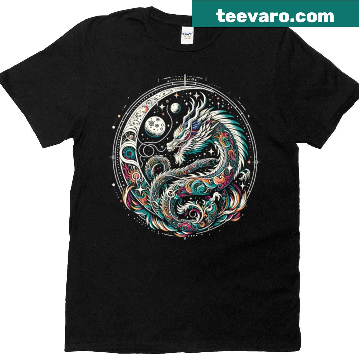 Illustrated T-shirt featuring a celestial dragon in a cosmic setting — on a men's t-shirt