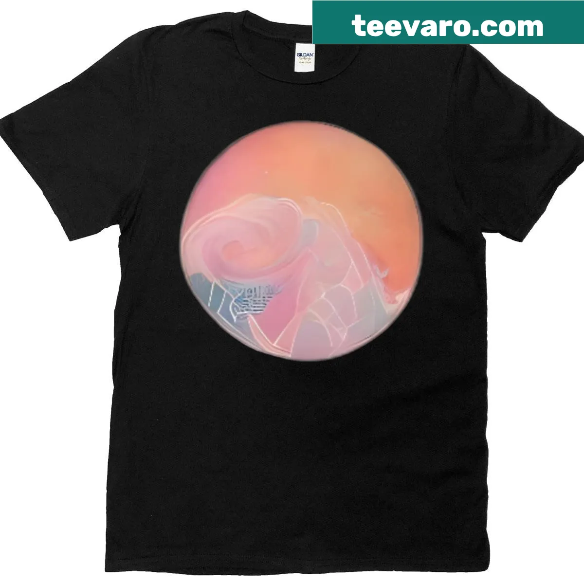 Whimsical T-shirt with celestial bodies drifting through space — on a men's t-shirt