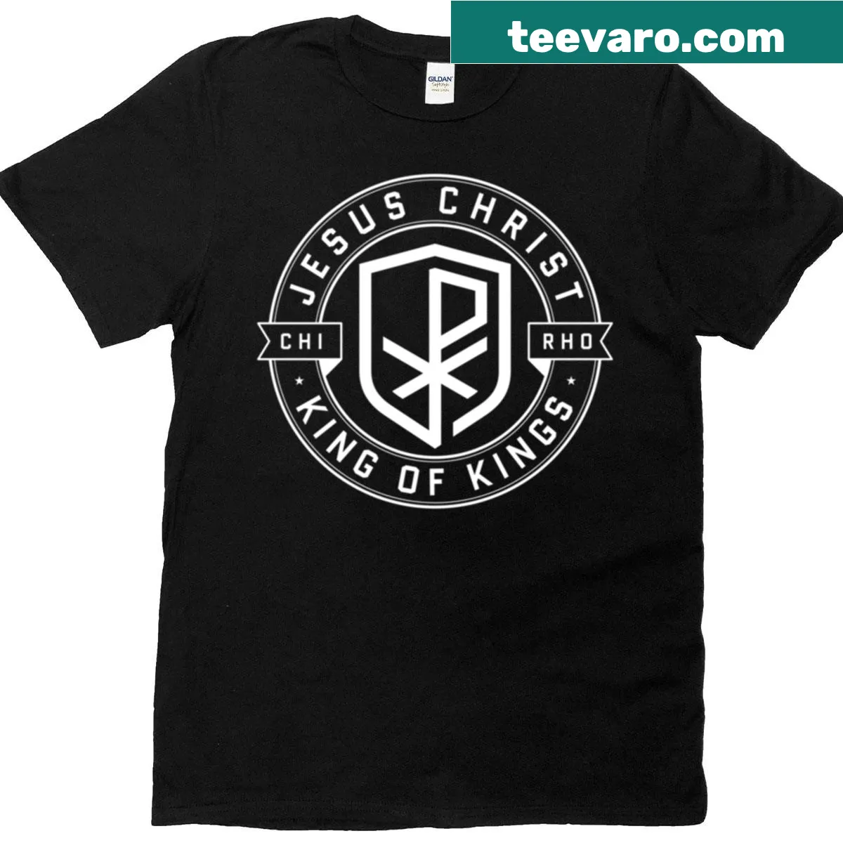 Chi Rho Christian symbol printed on a white T-shirt. — on a men's t-shirt