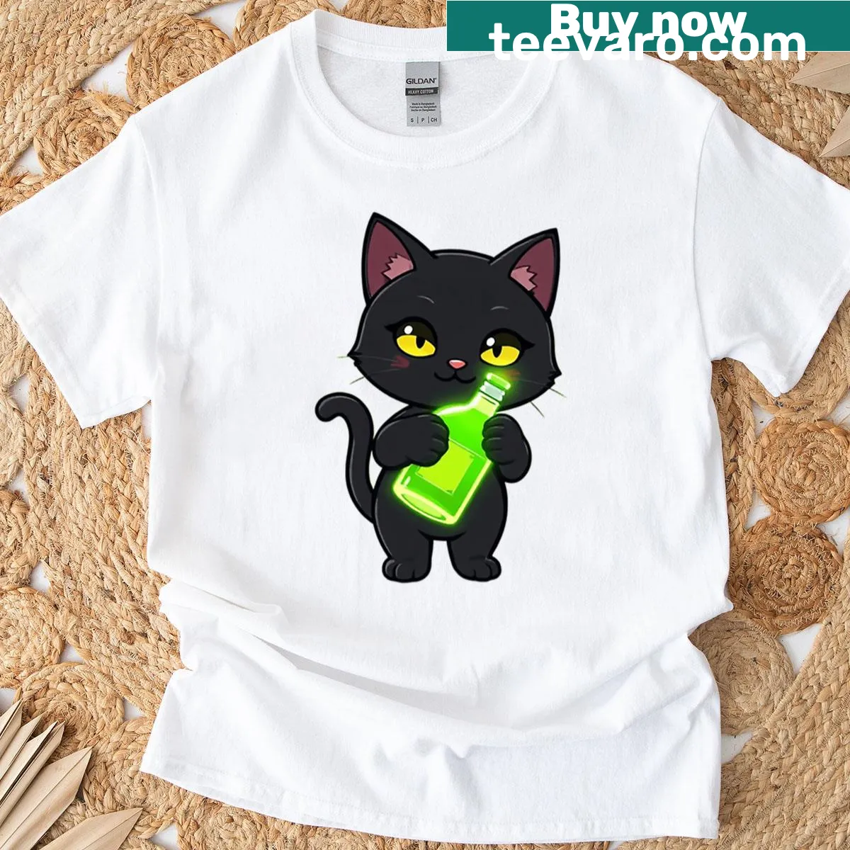 Chibi cat illustration with absinthe glass on a t-shirt — on a men's t-shirt