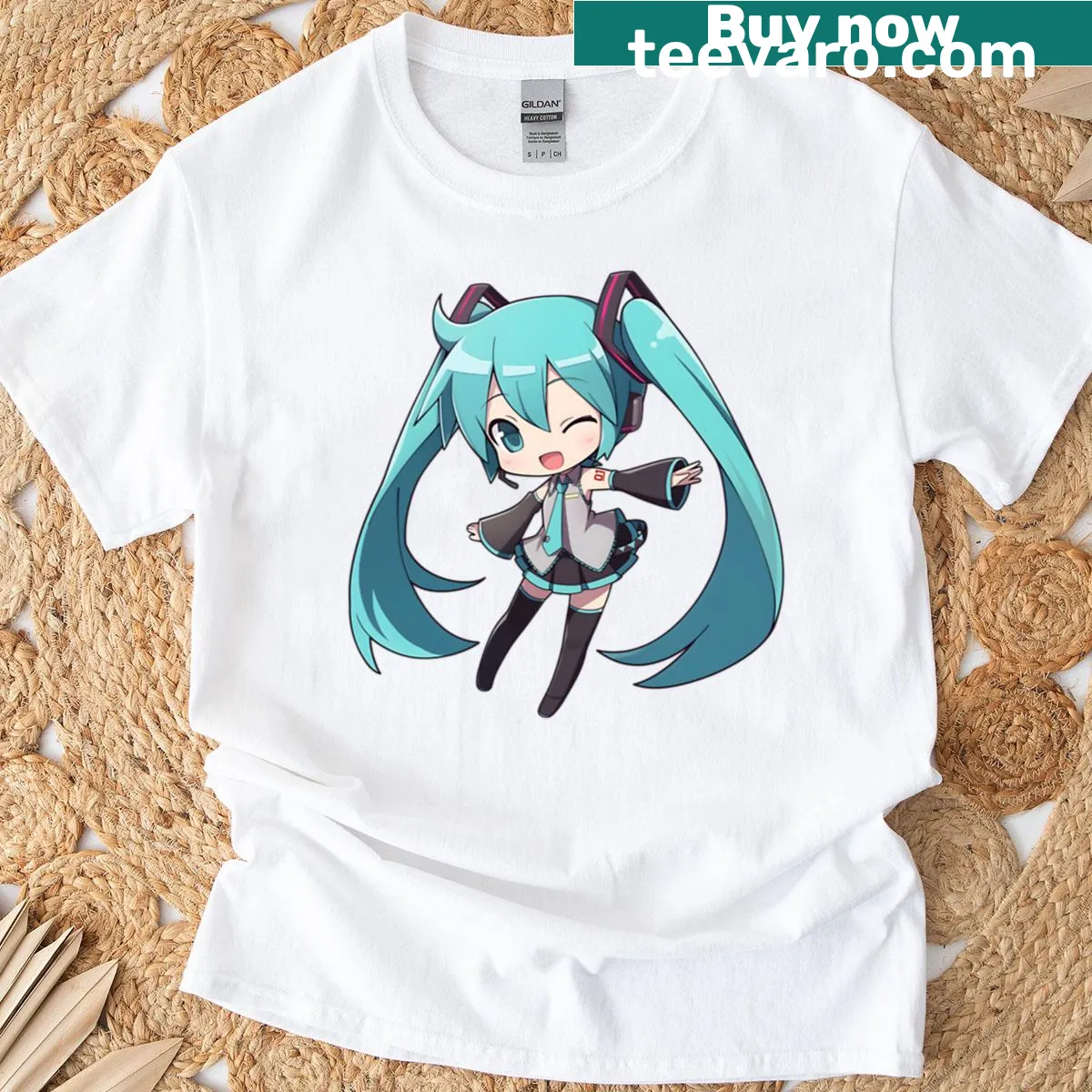 Adorable chibi Hatsune Miku illustration on a T-shirt — on a men's t-shirt