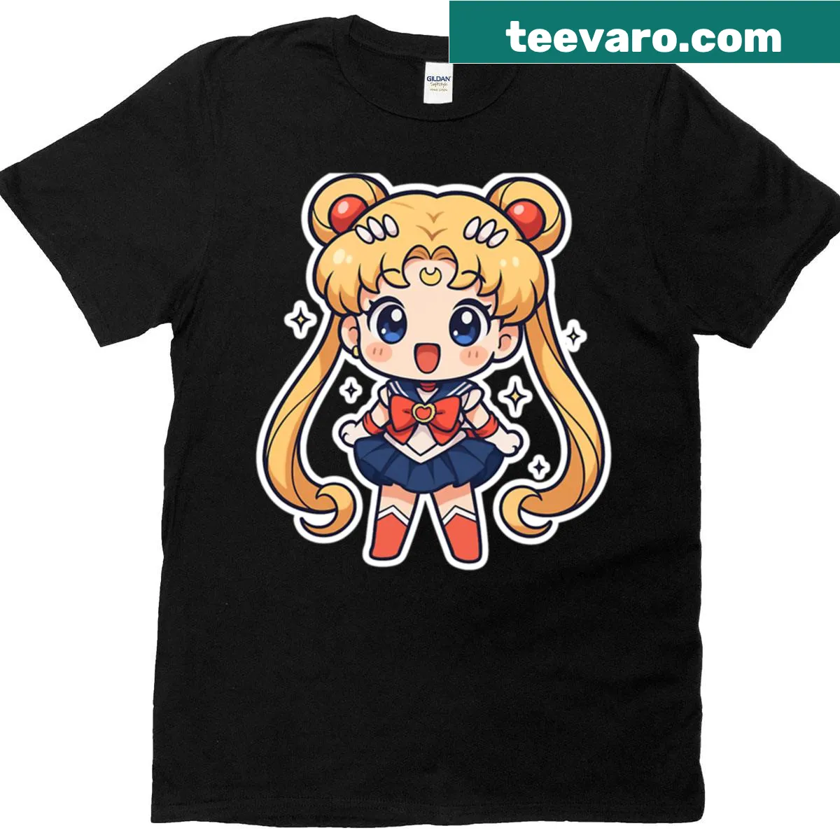 Chibi sailor character with dreamy glow inspired by Sailor Moon — on a men's t-shirt
