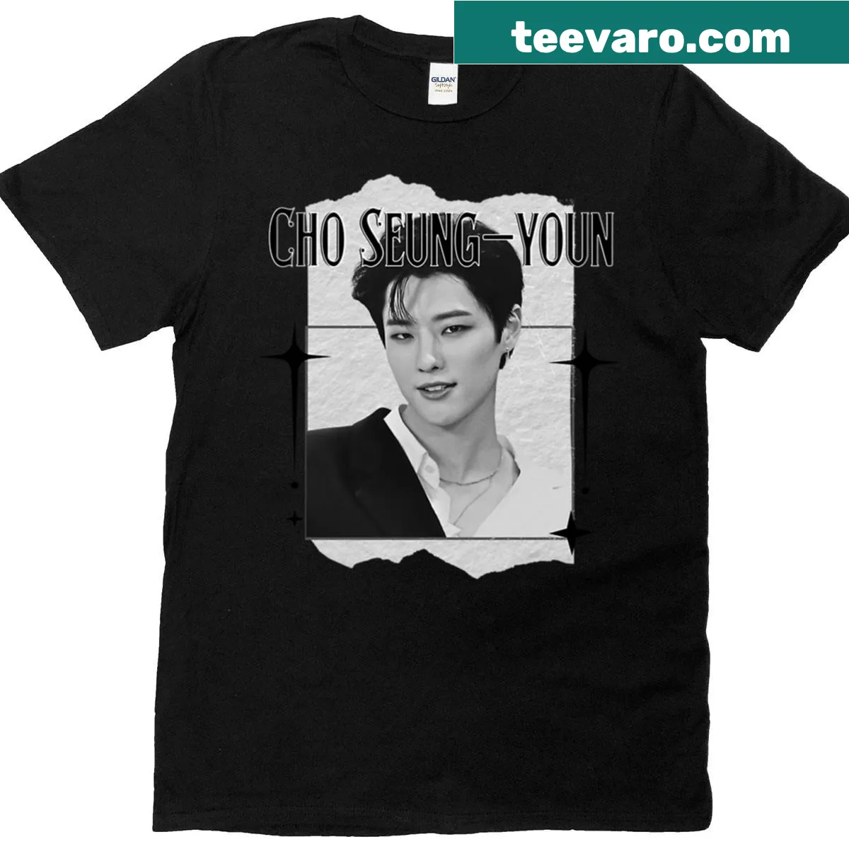 Monochrome collage of K-pop artist Woodz on a stylish T-shirt — on a men's t-shirt