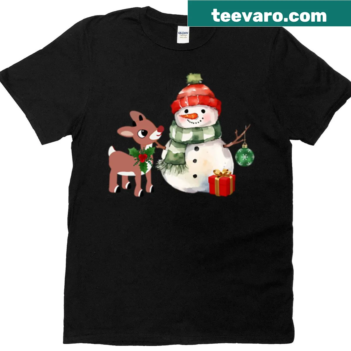 Cartoon snowman and reindeer in a festive design — on a men's t-shirt