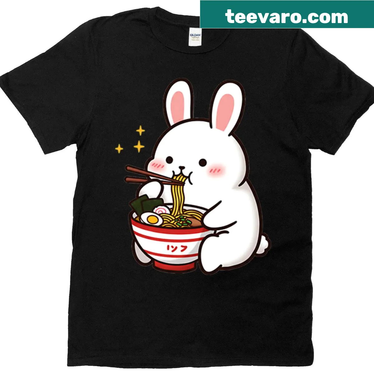 Chubby bunny enjoying ramen graphic on a T-shirt. — on a men's t-shirt