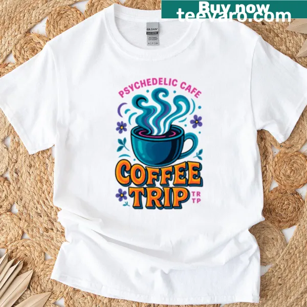 Psychedelic coffee-themed design on a T-shirt with bold graphics.