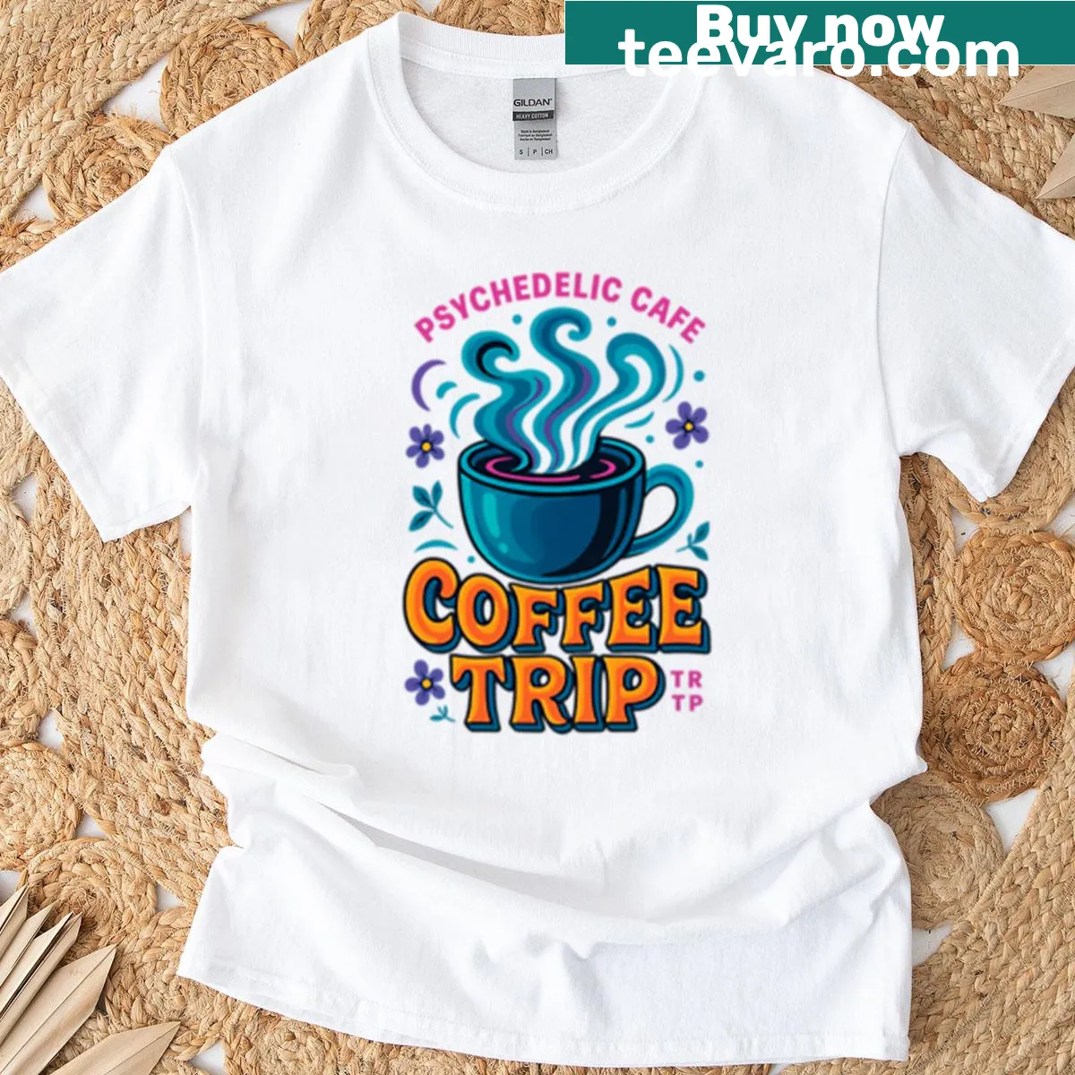 Psychedelic coffee-themed design on a T-shirt with bold graphics. — on a men's t-shirt