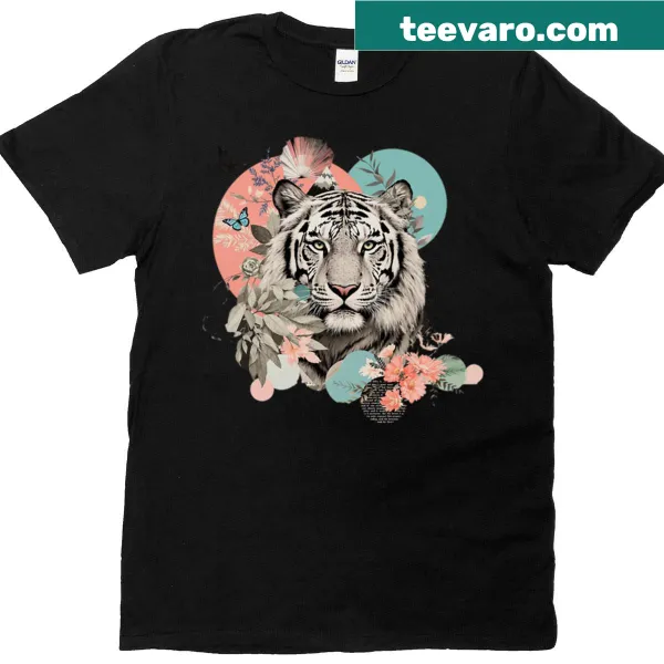 Tiger and floral collage t-shirt with butterflies