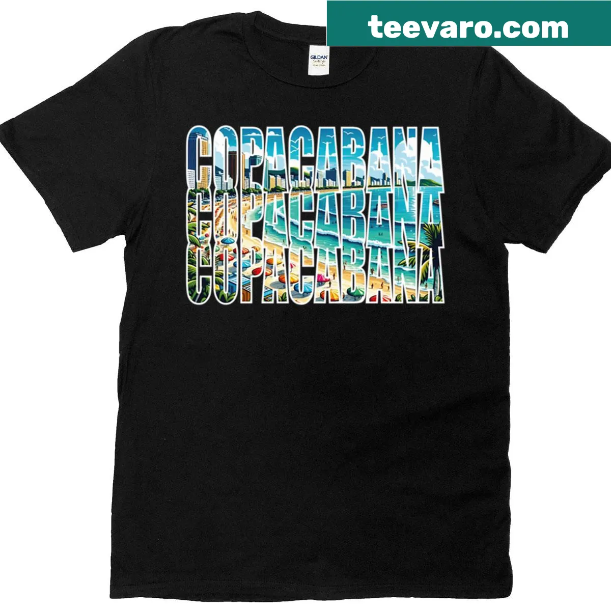 Illustrative t-shirt depicting a summer scene in Copacabana — on a men's t-shirt