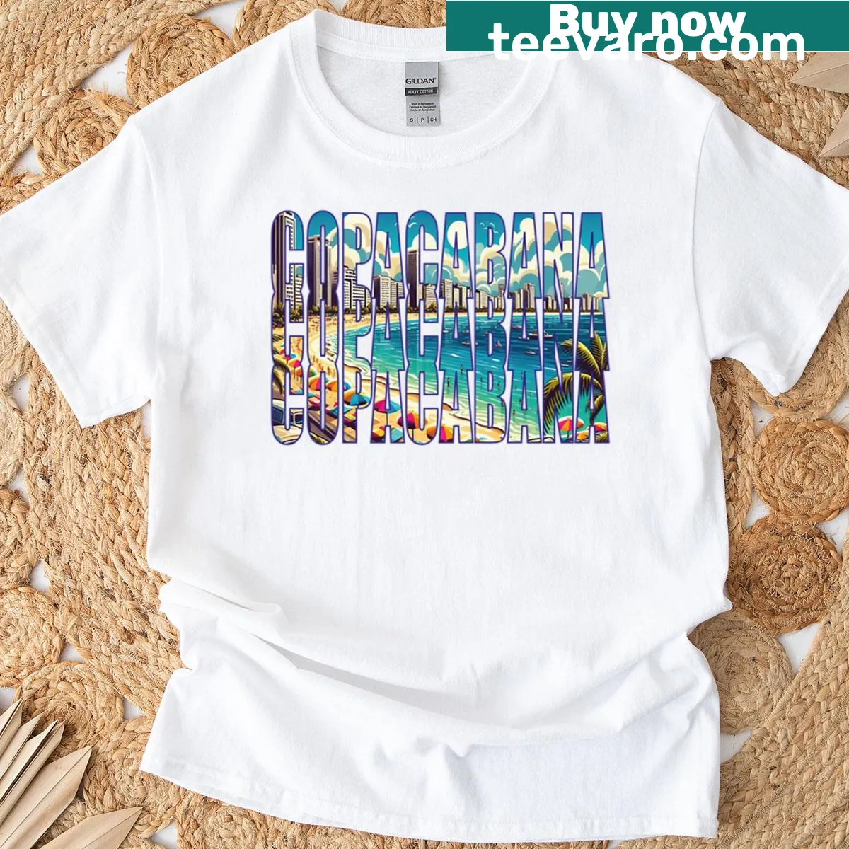 Vintage-style Copacabana beach graphic on a T-shirt — on a men's t-shirt