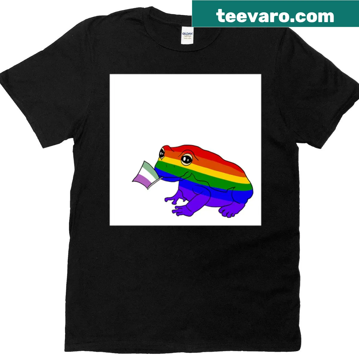 Rainbow frog illustration holding a genderqueer pride flag on a T-shirt — on a men's t-shirt