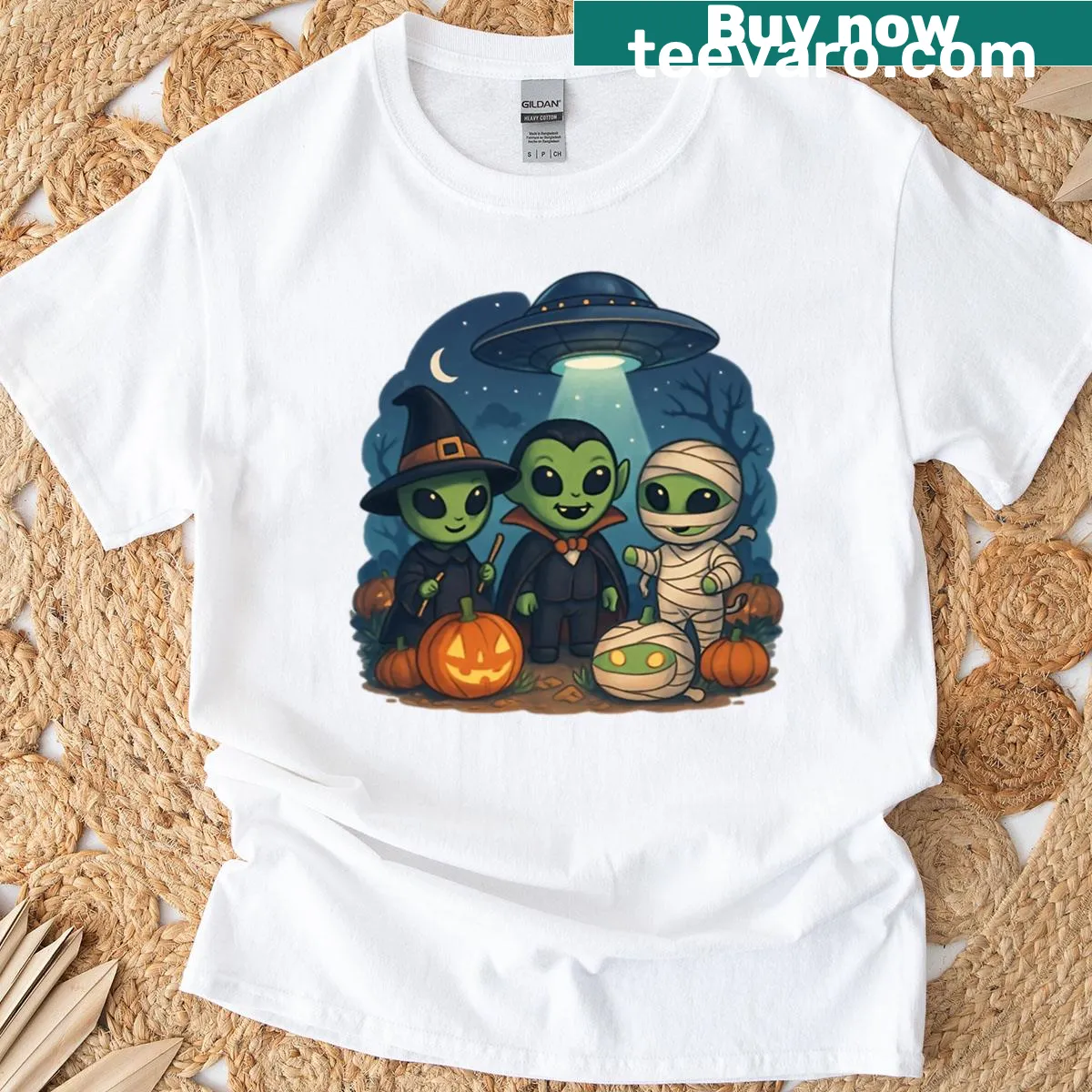 Illustrative Creepy Halloween T-shirt featuring aliens and spooky themes. — on a men's t-shirt