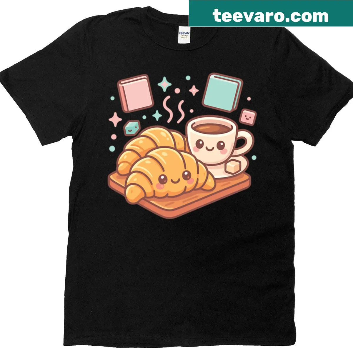 Funny typography design featuring croissants, books, and coffee — on a men's t-shirt