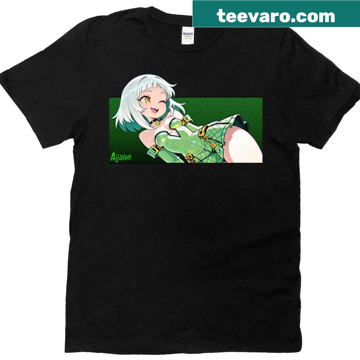 Illustrated T-shirt featuring a girl in a bold green dress — on a men's t-shirt