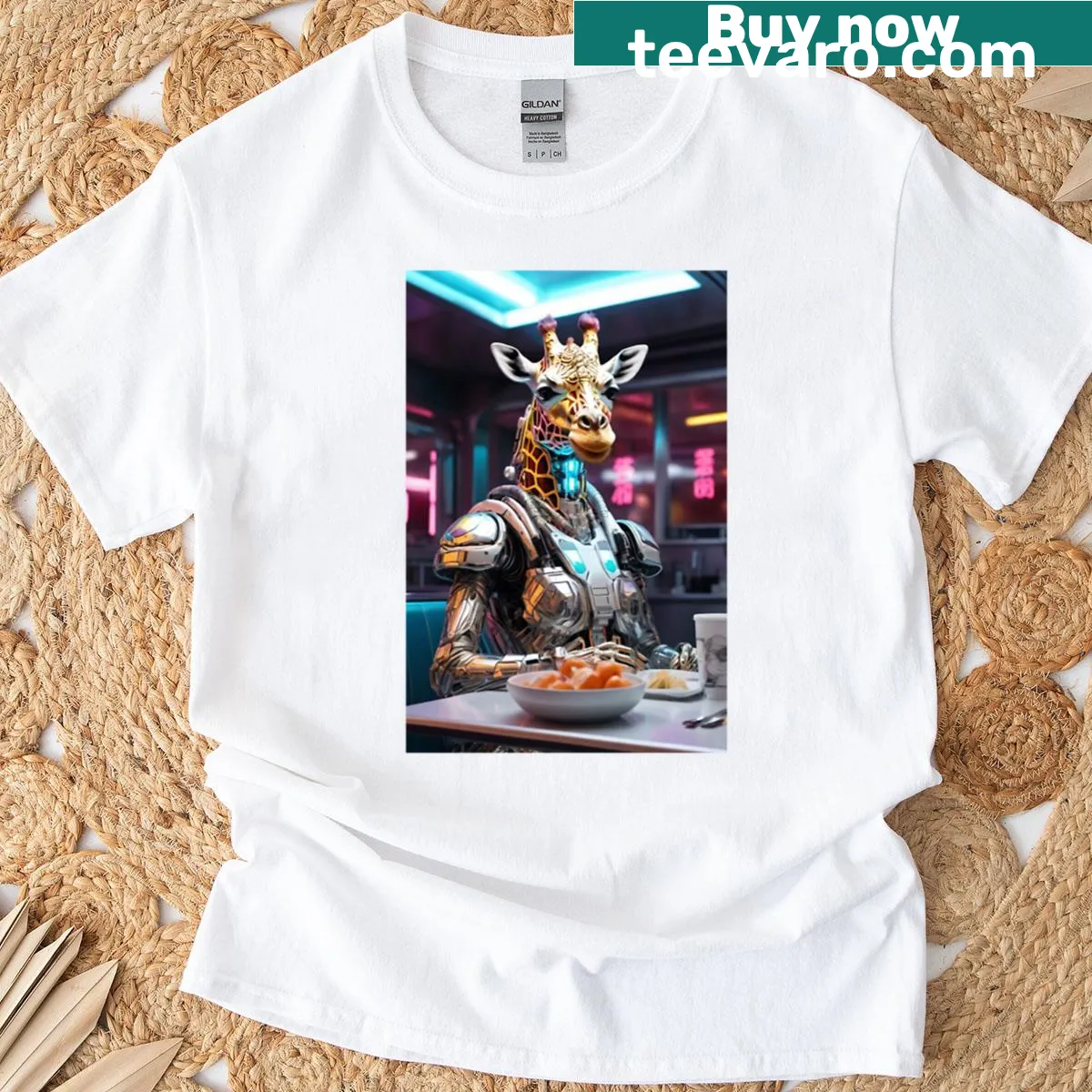 Vintage-style T-shirt featuring a cyber giraffe in a diner setting — on a men's t-shirt