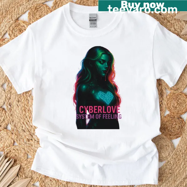 Avant-garde T-shirt featuring a glitch-heart and android femme illustration